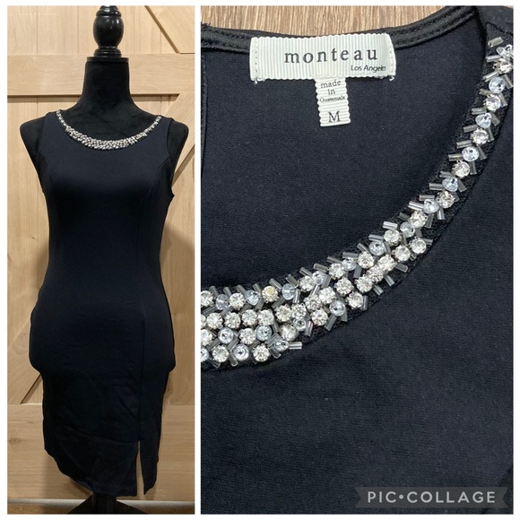 Monteau Dresses & Skirts - Elegant Little Black Dress with Rhinestone Beaded Neckline Medium
